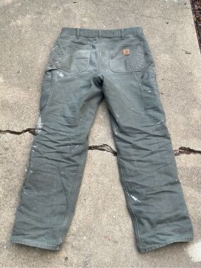 Carhartt Olive Green Canvas Pants with Brown Leather Logo Patch